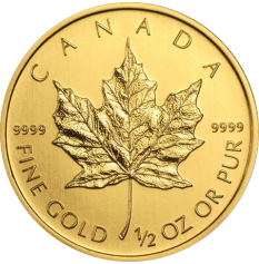 Золотая монета Канады "Кленовый лист", Canadian Gold Maple Leaf 20 долларов, 1/2 oz